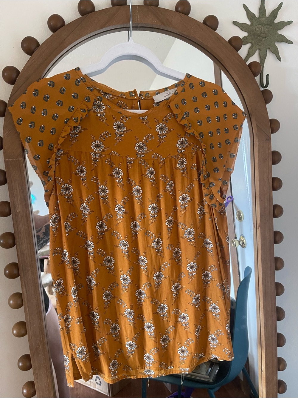 LOFT Mustard Yellow Floral Ruffled Peasant Top